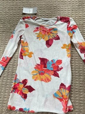 Zara White Long Sleeve Tee with Bright Floral Print